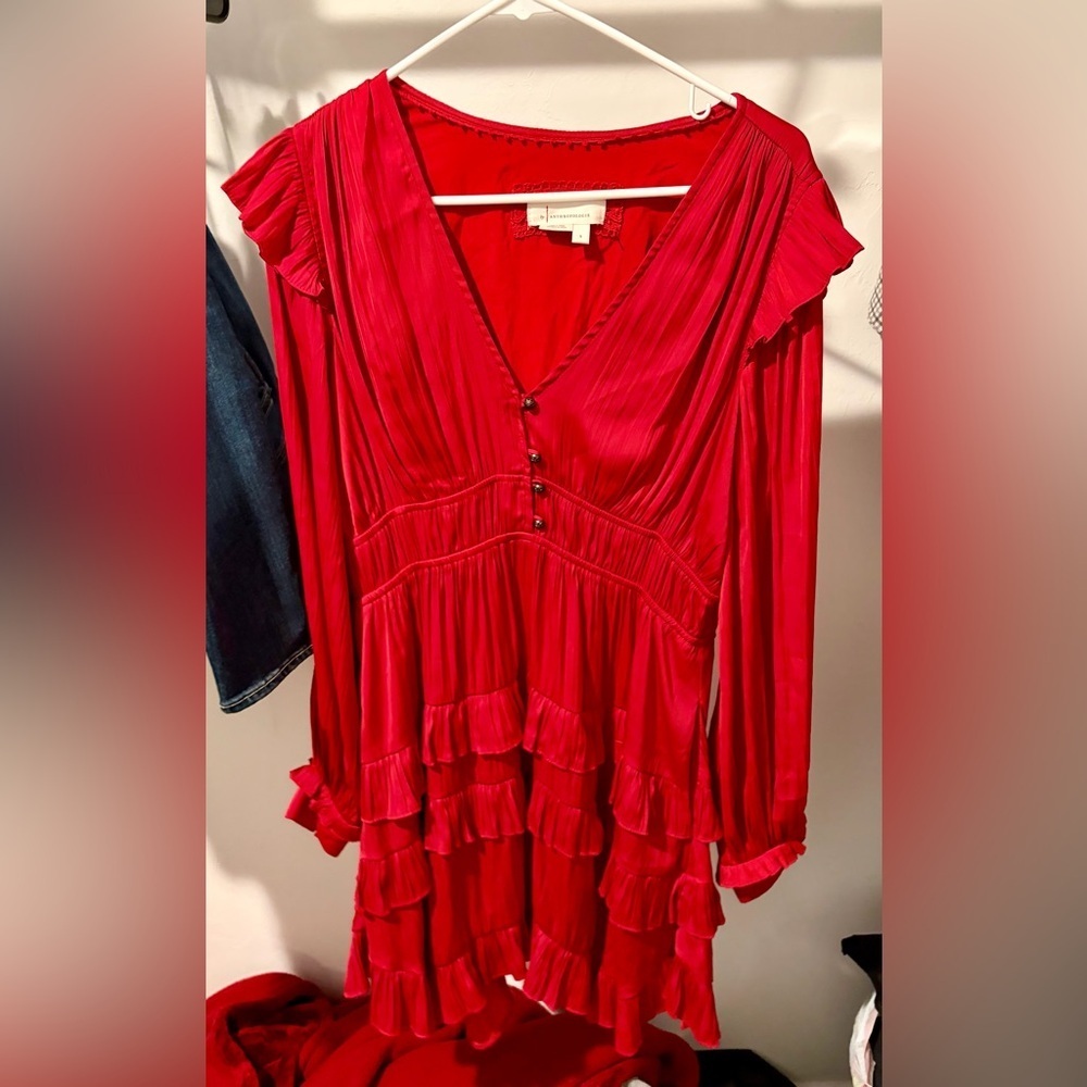 Anthropologie Tiered Ruffle Mini Dress -Red Long Sleeve V-Neck